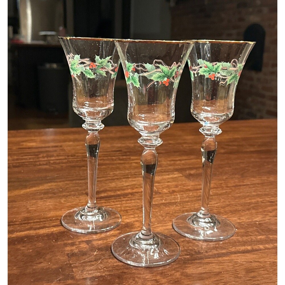 Vintage Mikasa Ribbon Holly 8 3/4" Crystal Wine Glasses Set of 3 Goblets